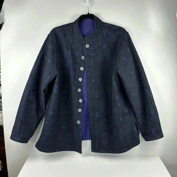 CHICOS PURPLE&BLACK COTTON MANDARIN COLLAR DECORATIVE SILVER BUTTONS REVERSIBLE - Picture 6 of 6